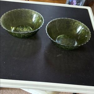 Pair of Textured Green Glass Serving Bowls
